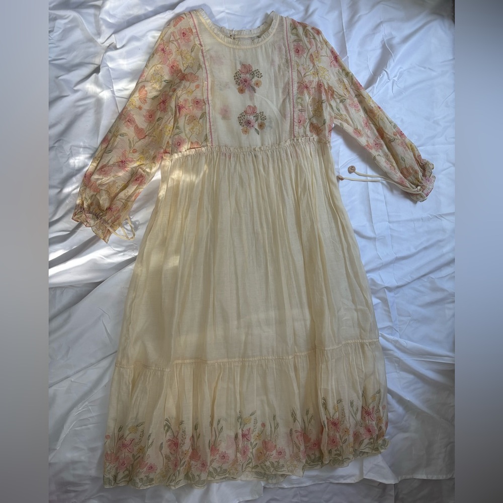 Cream Floral Long Sleeve Midi Dress - Lightweight Boho Style